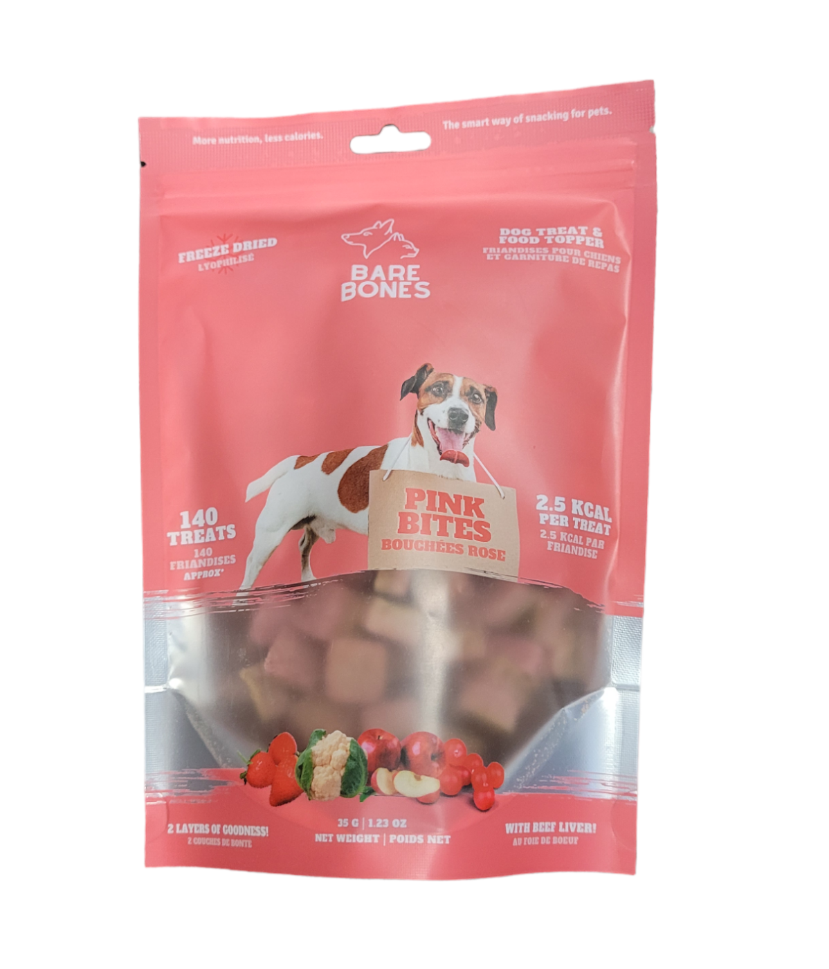 Bouchées lyophilisées de foie de boeuf et smoothie rose