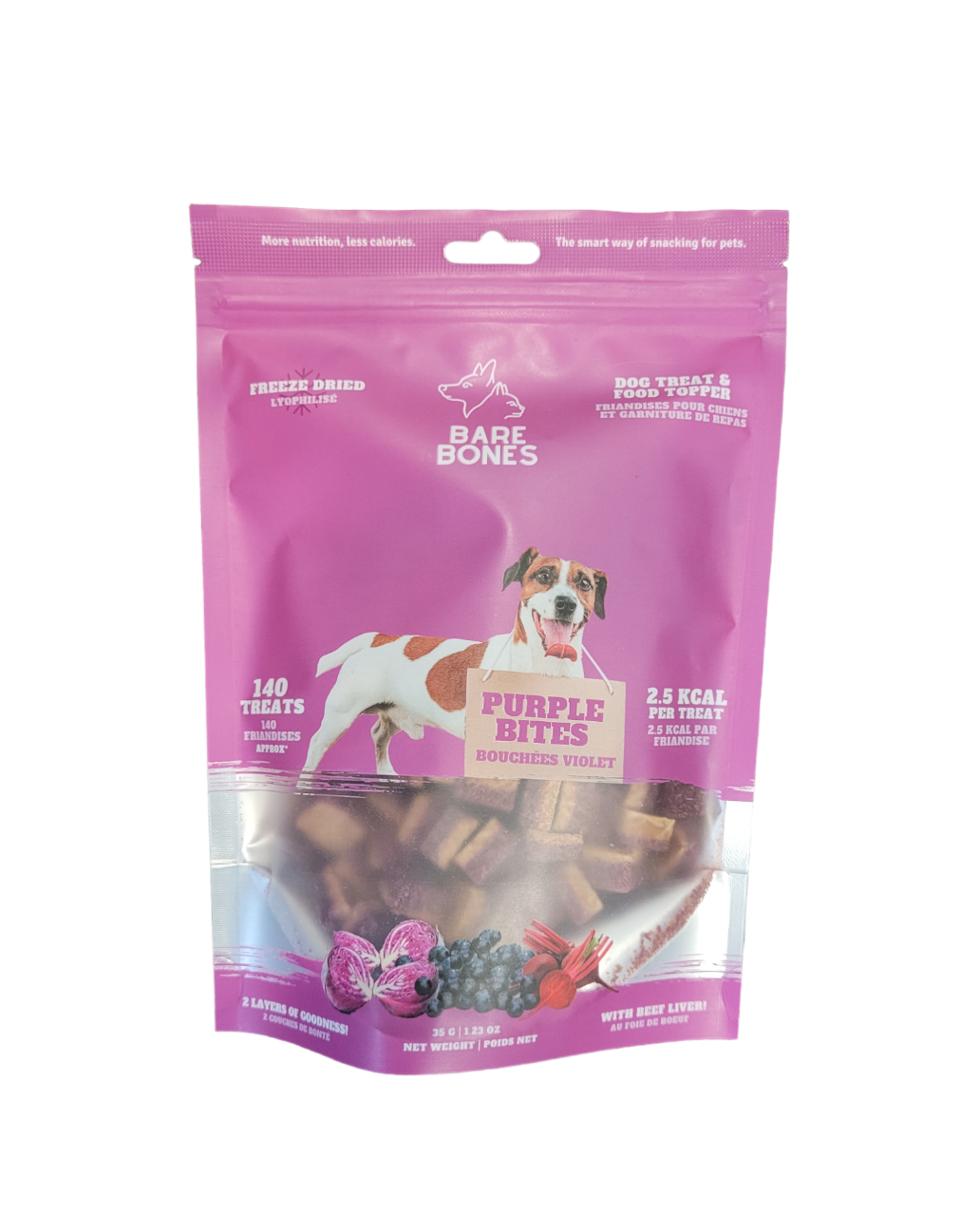 Bouchées lyophilisées de foie de boeuf et smoothie mauve