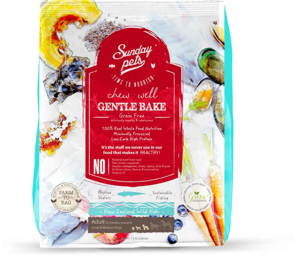 Nourriture pour chien à l'hoki et tripes de boeuf , sans grains, cuite doucement au four 1.3 kg - Sunday Pets