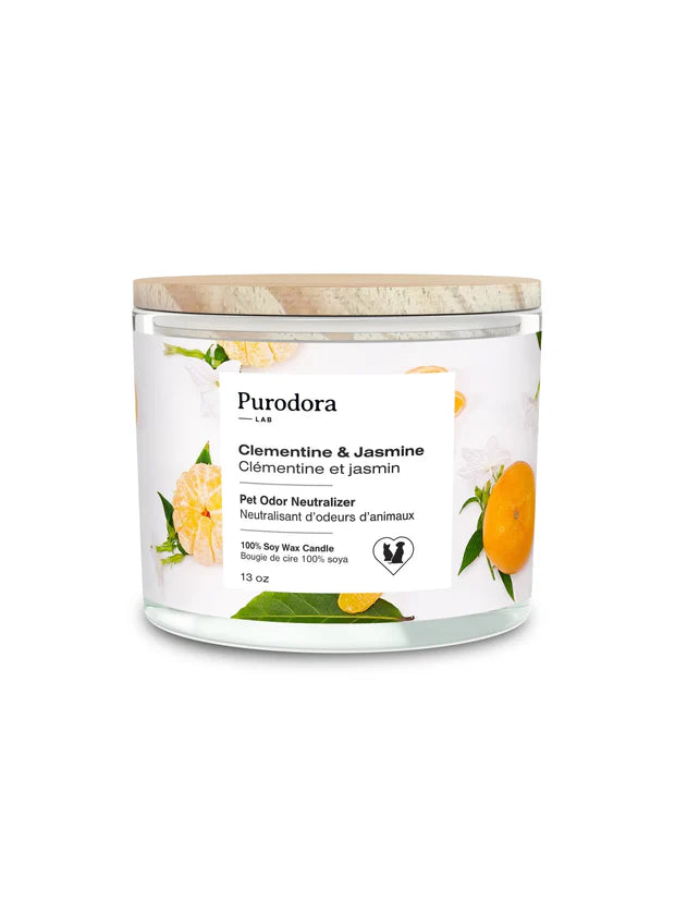 Bougie de cire 100% soya et neutralisant d’odeurs d’animaux Clémentine et Jasmin - Purodora
